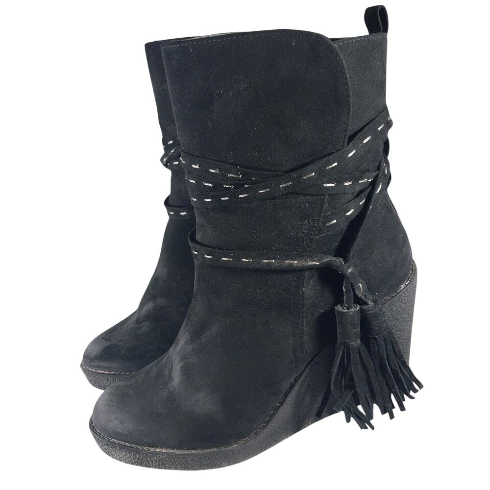 UNION BAY! MEADOW BLACK VEGAN SUEDE WEDGE HEEL ZIPPER ANKLE BOOTS! SZ 8.5M